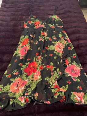 torrid Black Floral Midi Dress with Pink and Green Accents